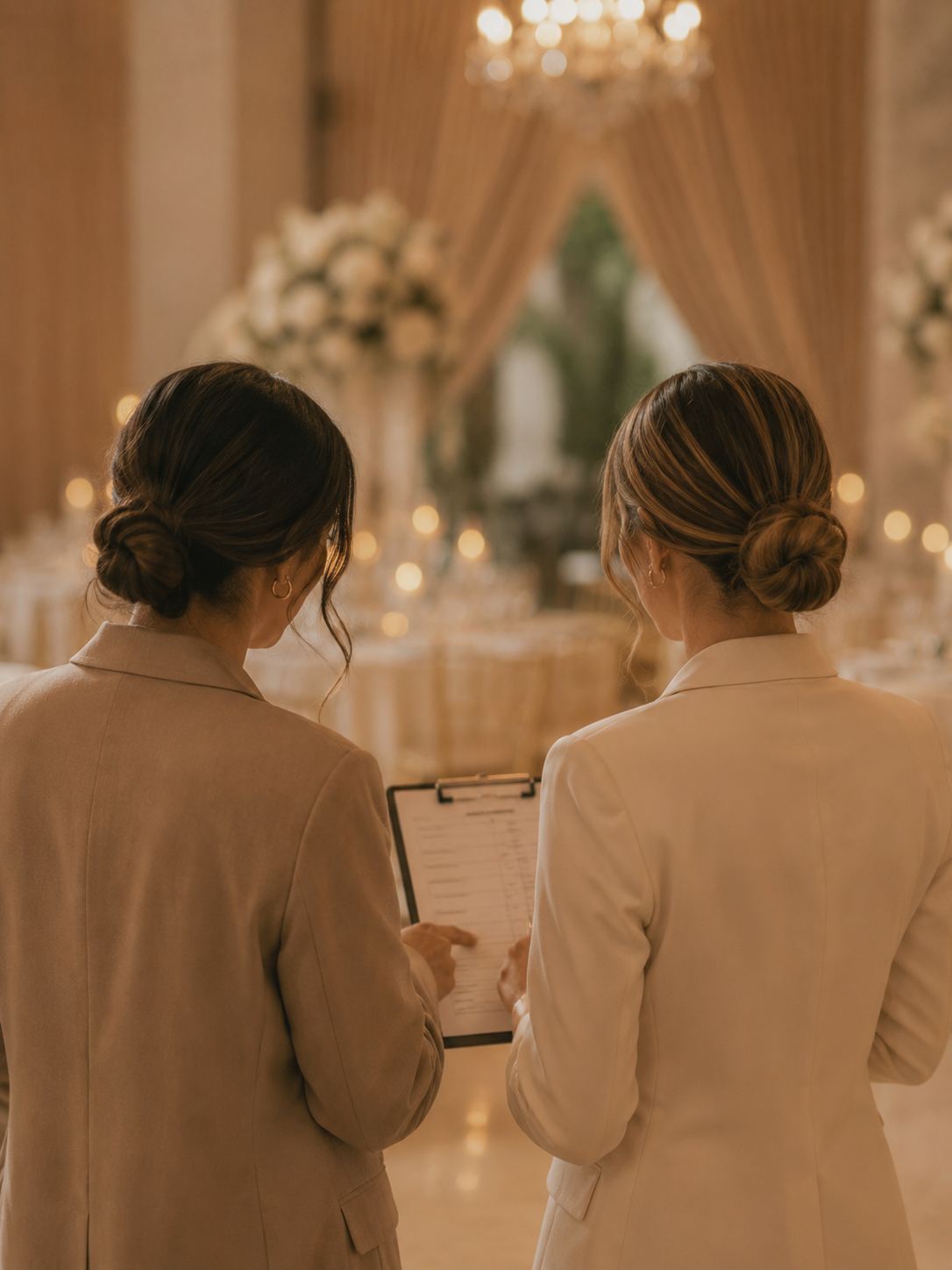 Raquel y Nathalie revisando el cronograma en el salón de una boda
