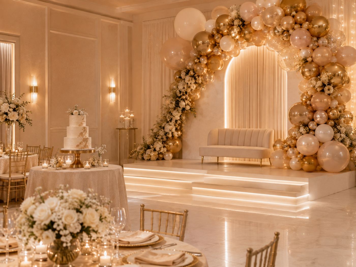 Salón montado para un quinceañero con luces cálidas
