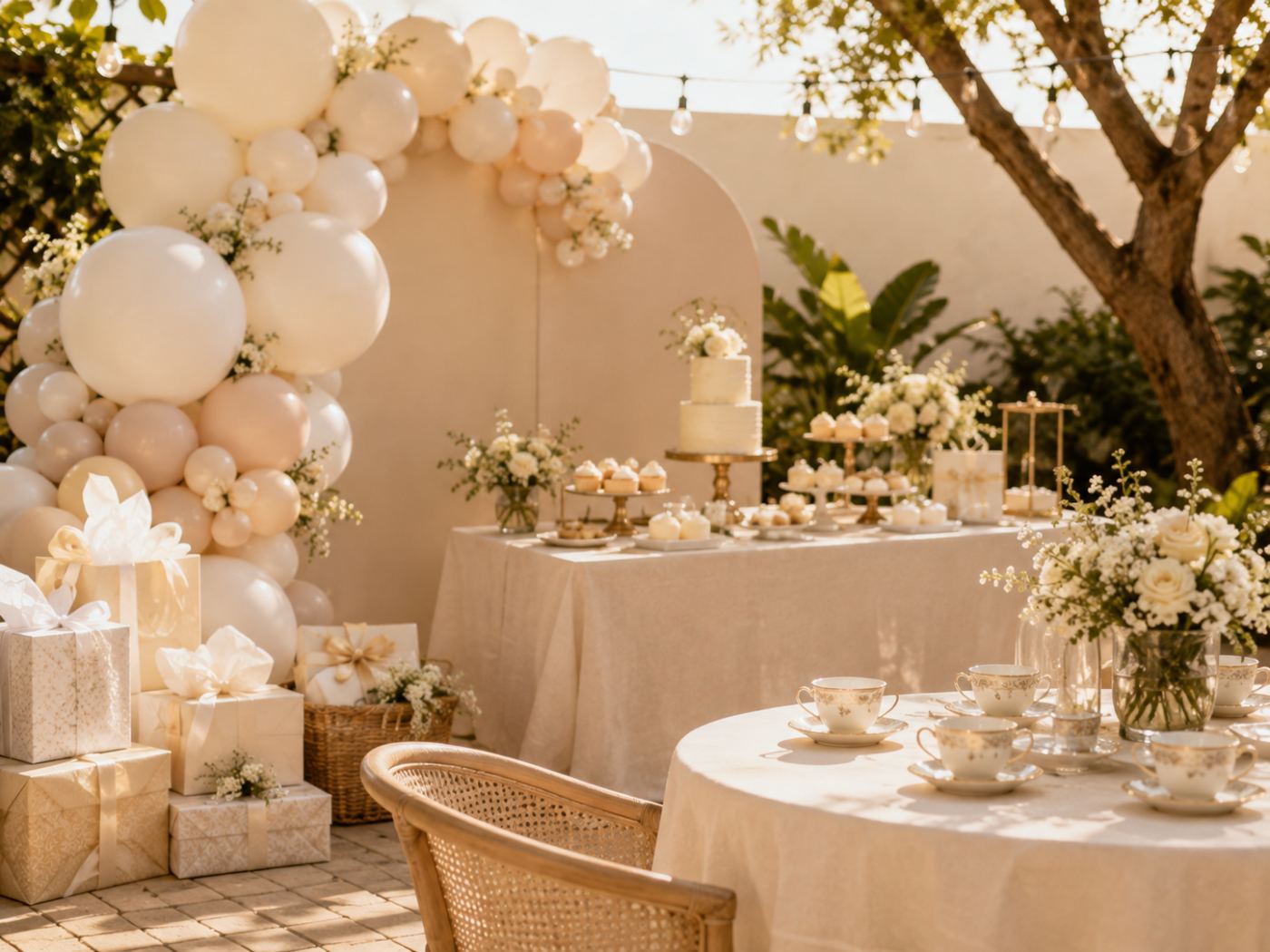 Mesa de shower con flores, copas y detalles en tonos suaves