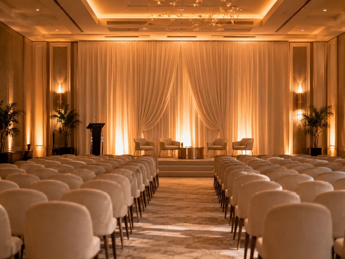 Salón corporativo montado para una actividad de empresa