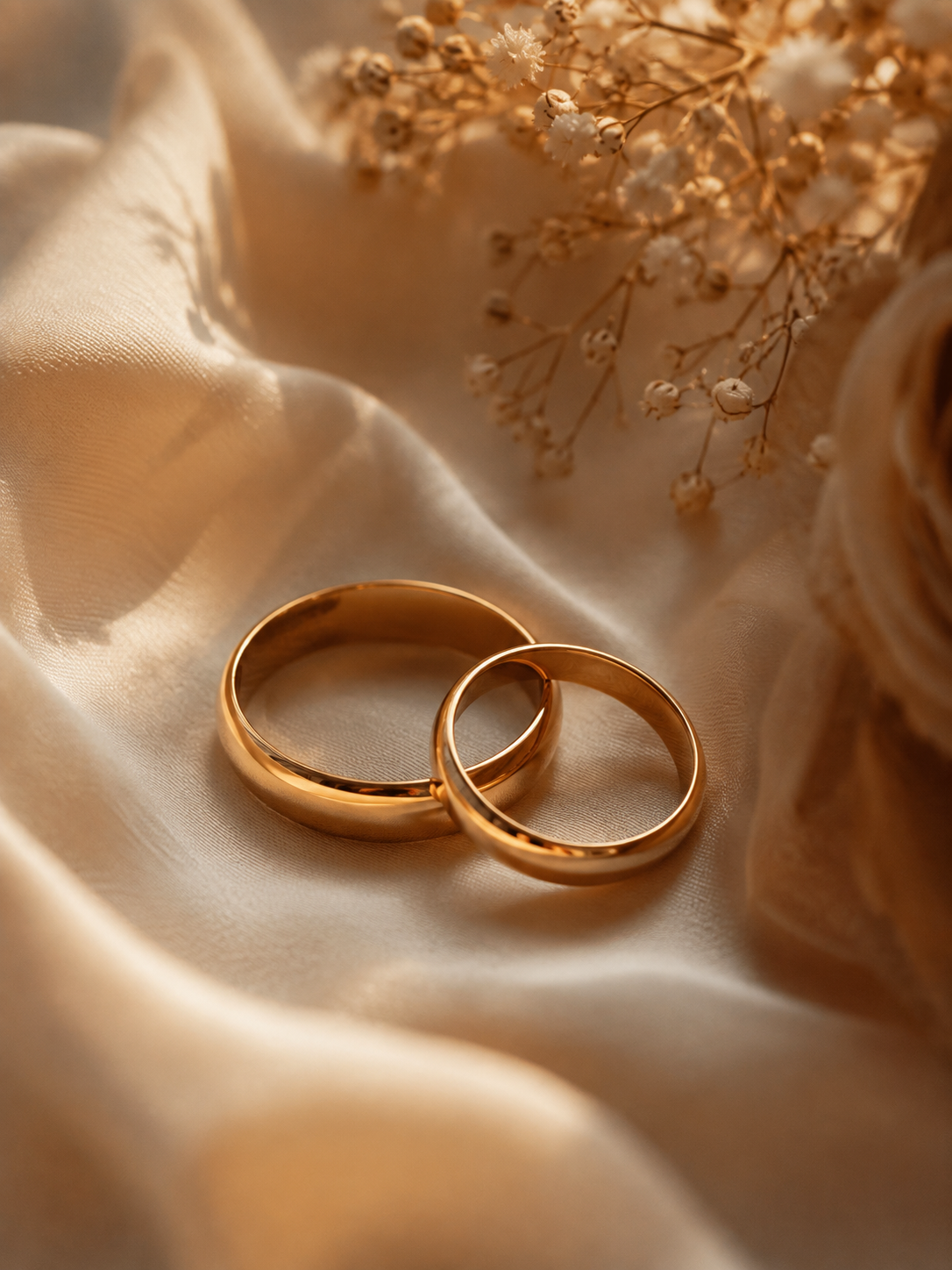 Anillos de boda dorados sobre seda marfil