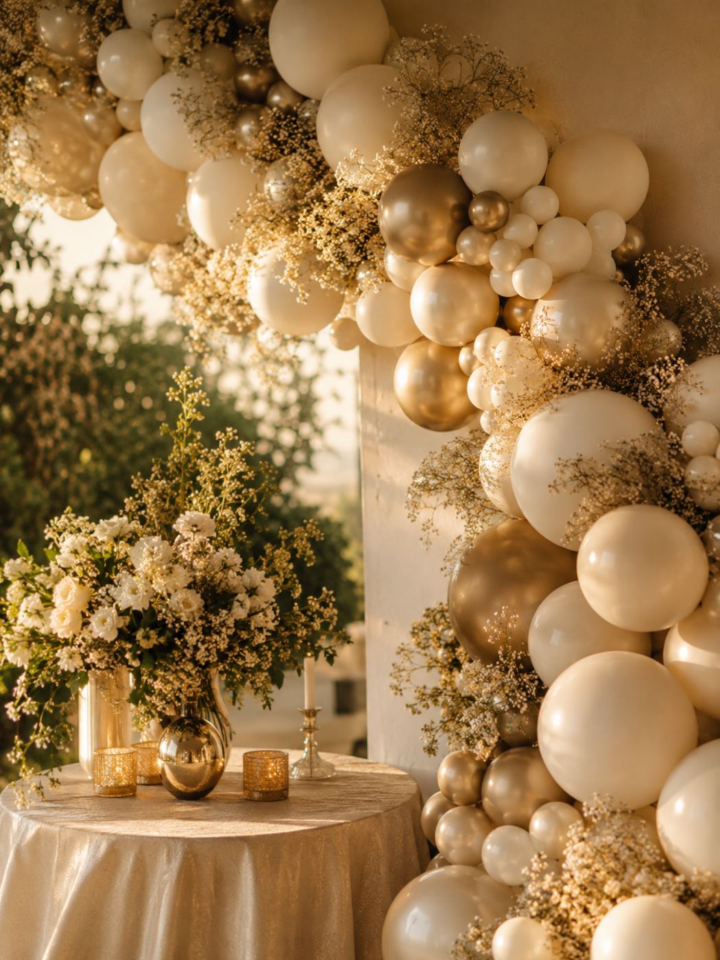 Arco de globos dorados y flores junto a la mesa del bizcocho