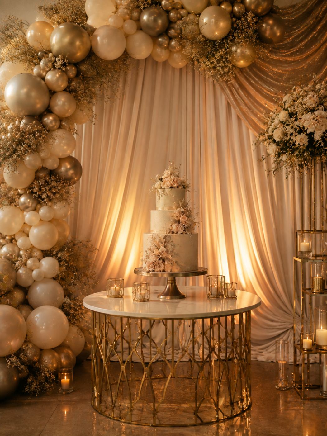 Salón de quinceañero con arco de globos y tarima iluminada