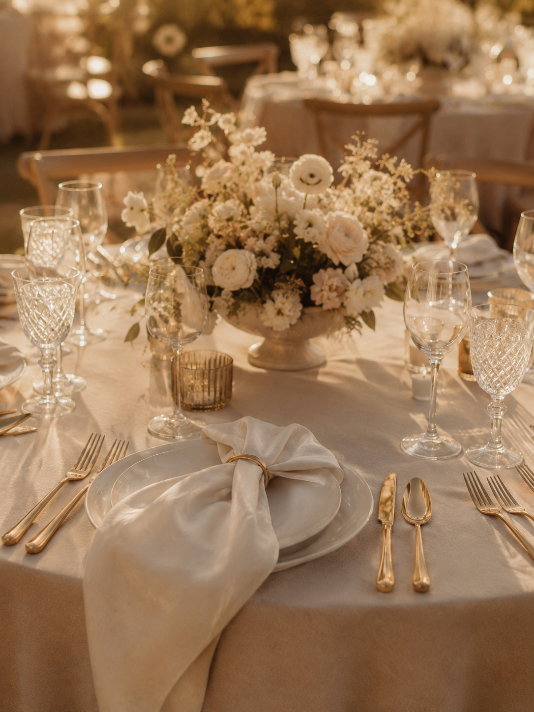 Mesa montada con cristalería y centro floral blanco