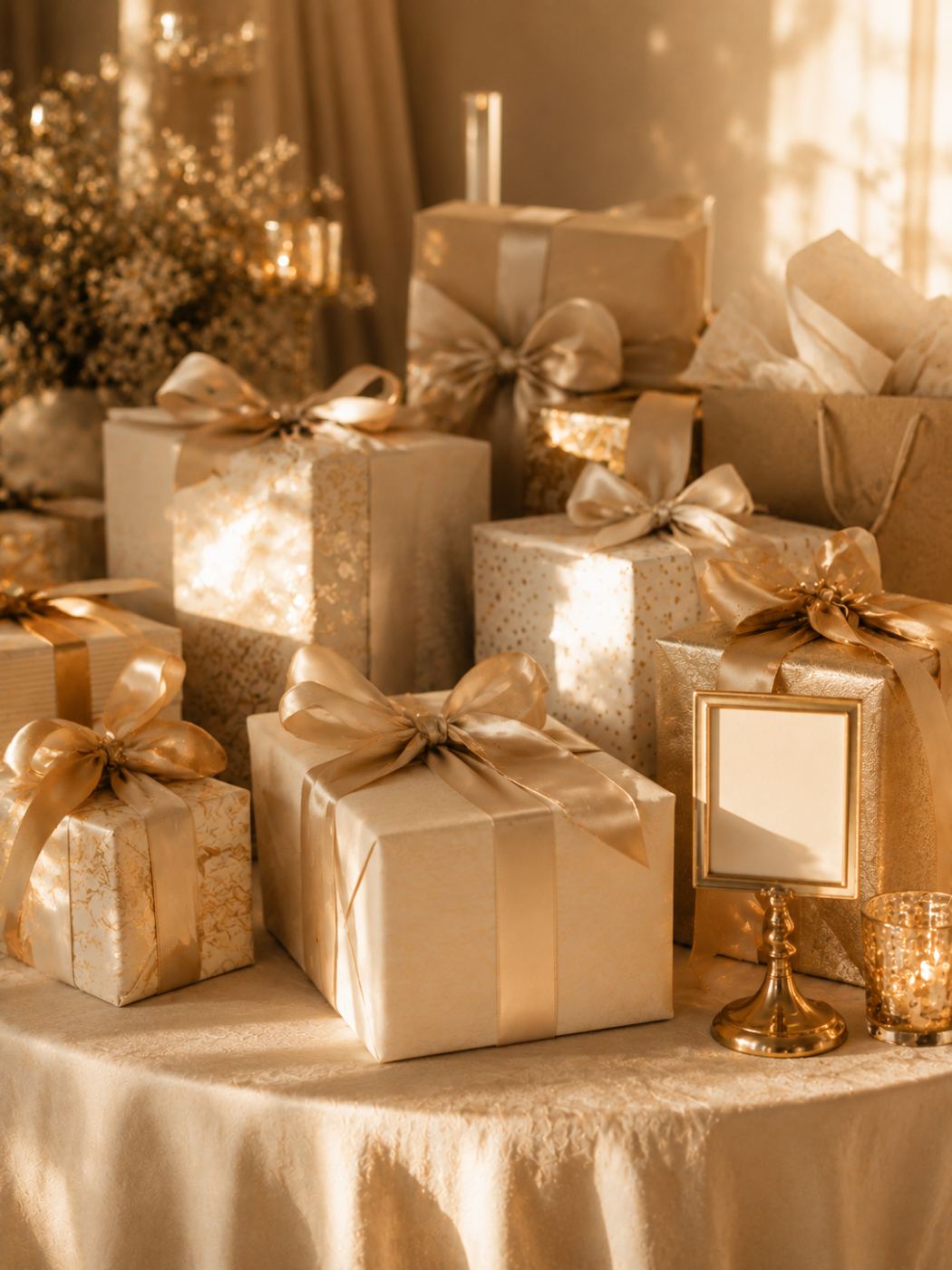 Mesa de regalos con envolturas y lazos dorados