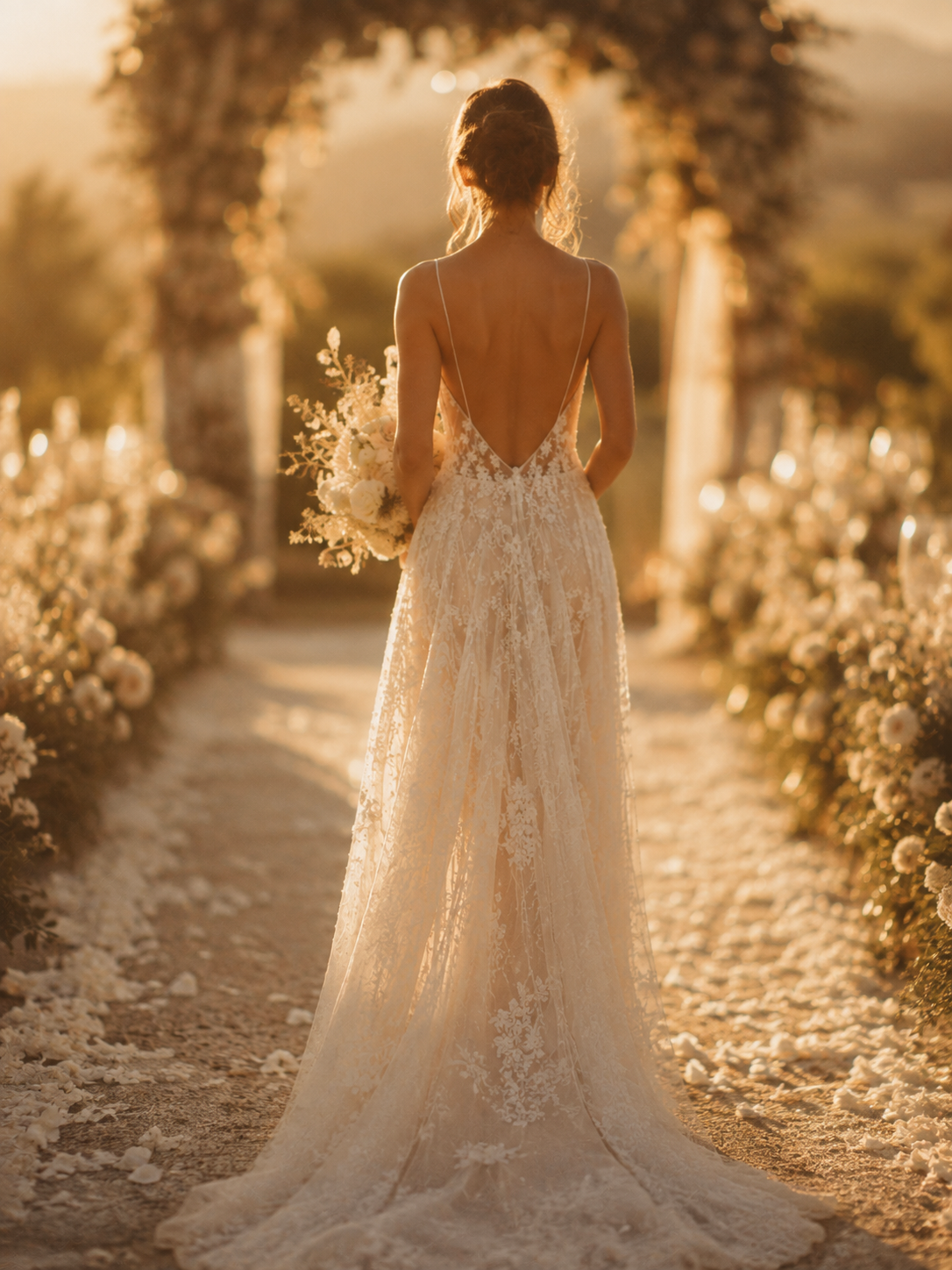 Novia de espaldas caminando hacia el altar