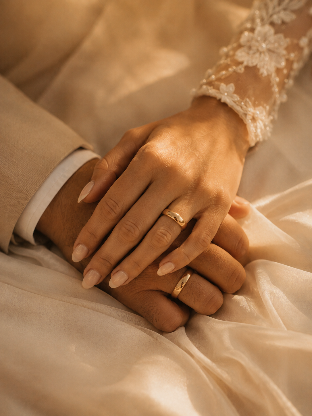 Manos de los novios con sus anillos sobre seda