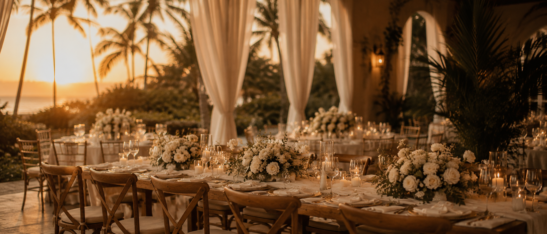 Mesa de boda iluminada por velas con flores blancas