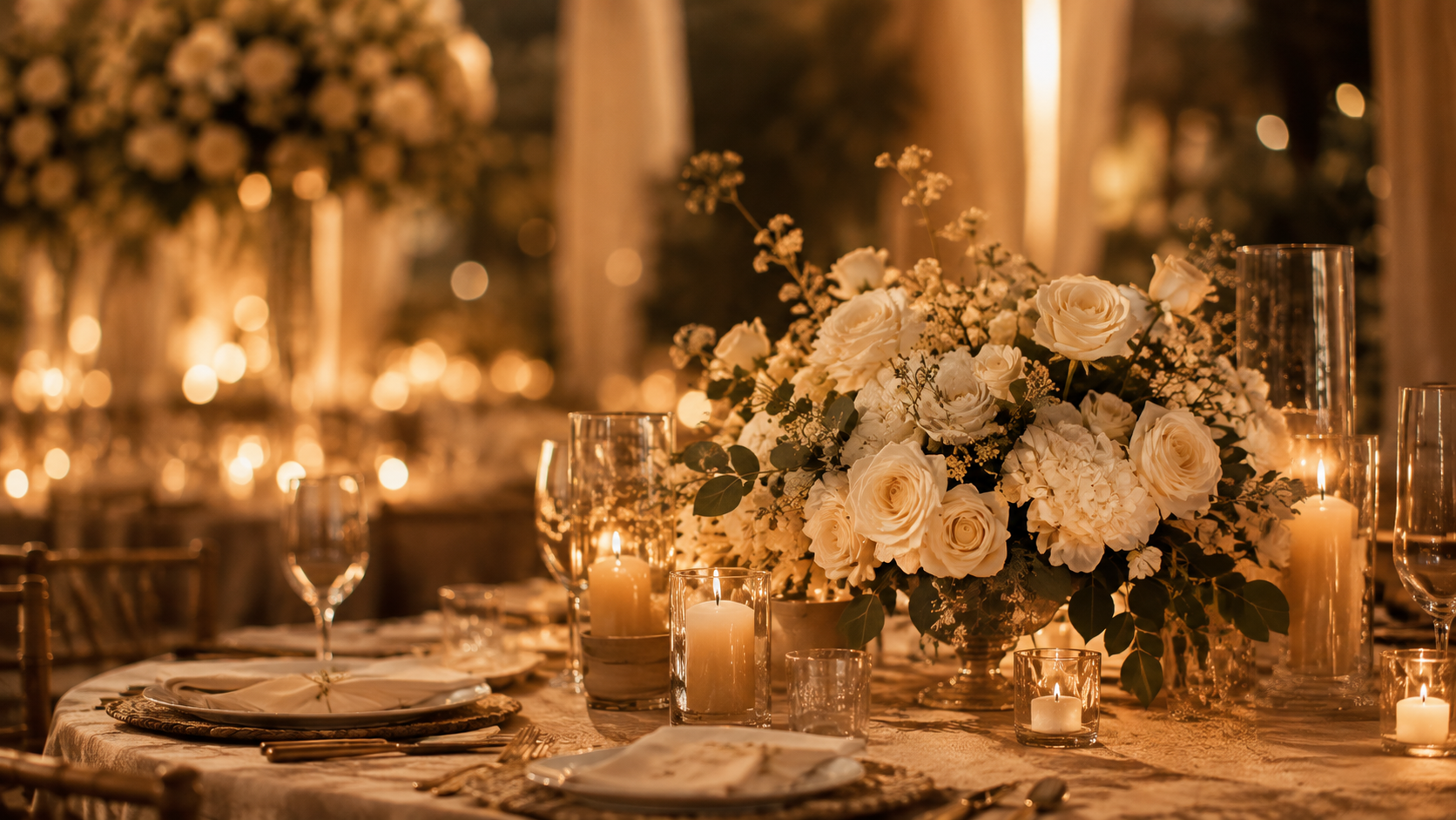 Salón de bodas montado con velas y flores blancas