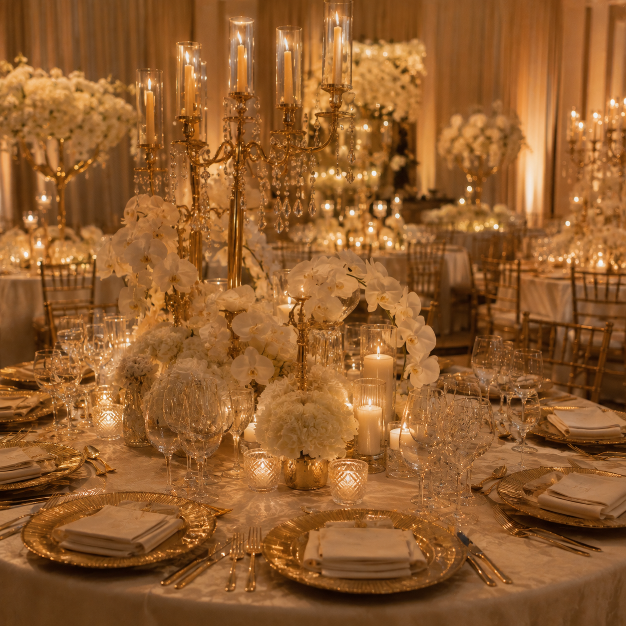 Salón de gala con candelabros dorados y orquídeas blancas