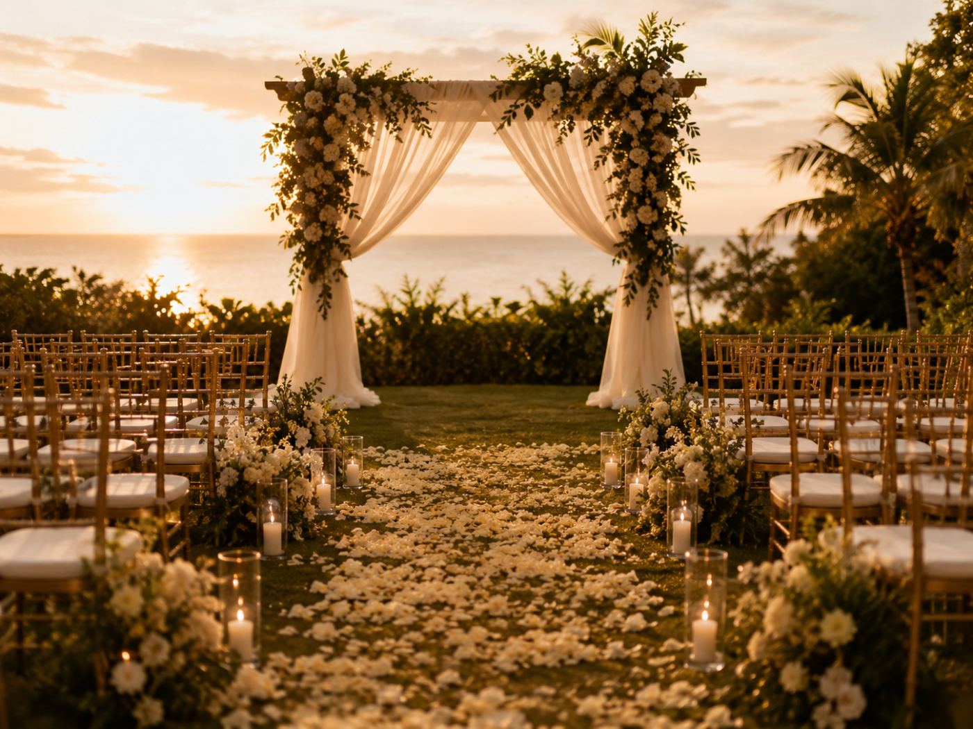 Ceremonia de boda al atardecer con arco de flores frente al mar