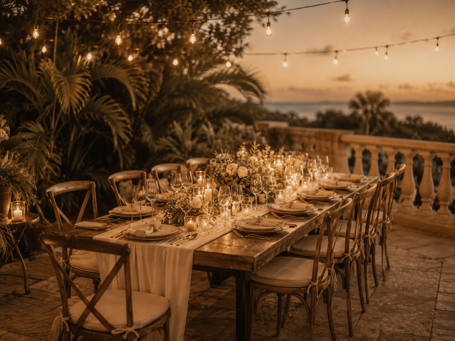 Mesa larga en una terraza al atardecer con velas y vista al mar