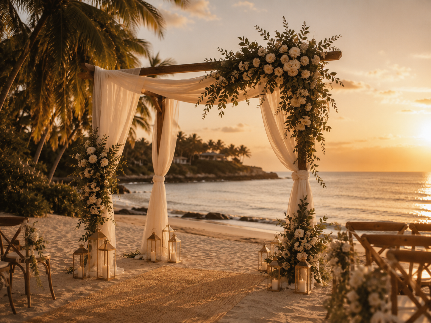 Altar de madera con flores blancas frente al mar al atardecer