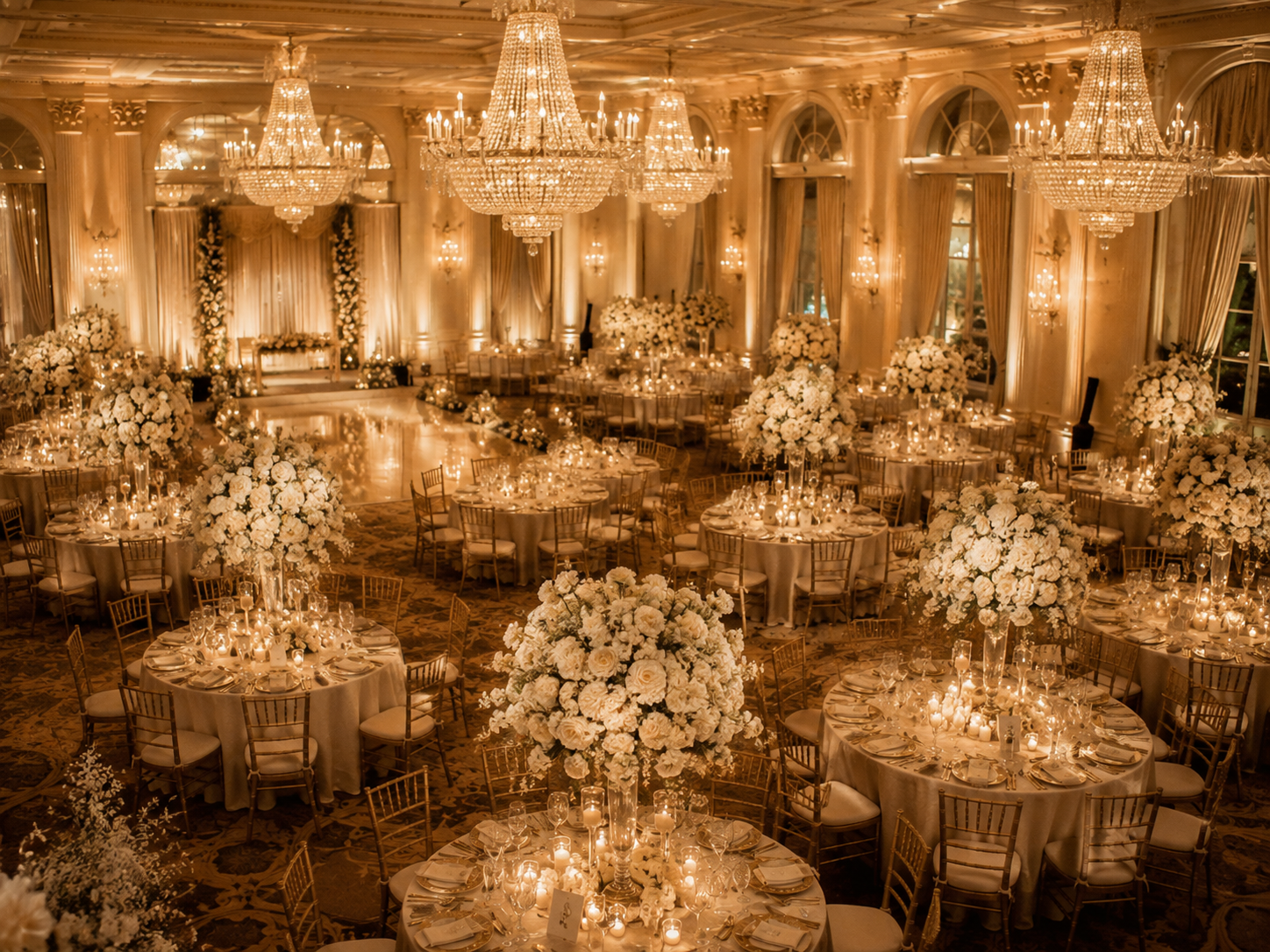 Gran salón de banquete con candelabros y mesas redondas montadas