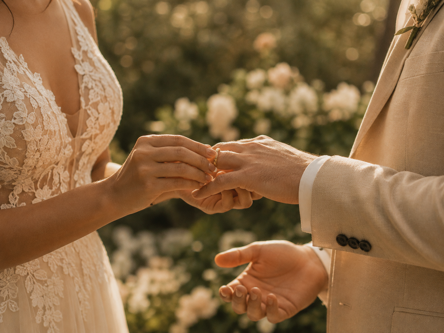 Los novios intercambiando anillos en un jardín con luz dorada